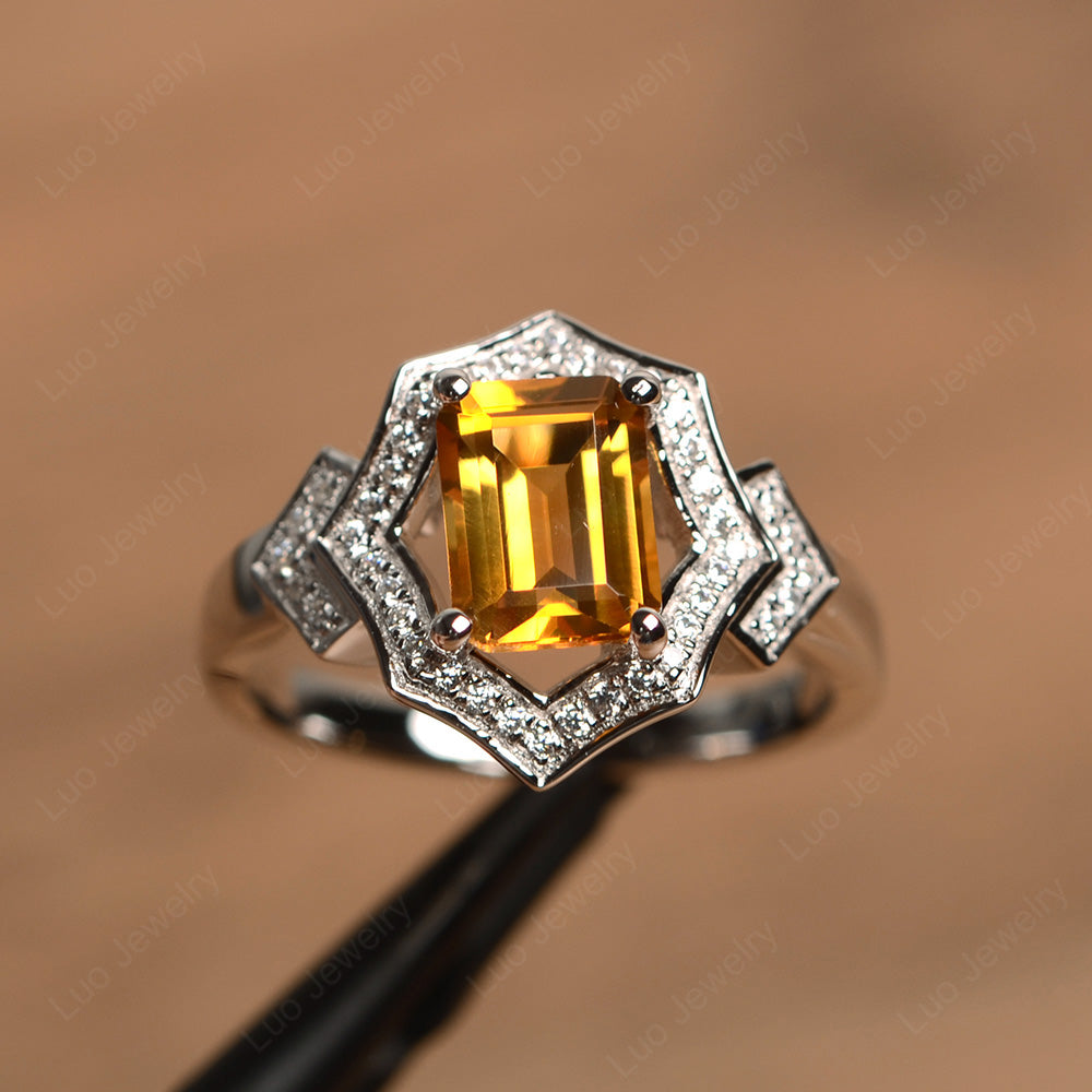Emerald Cut Citrine Cocktail Ring White Gold - LUO Jewelry