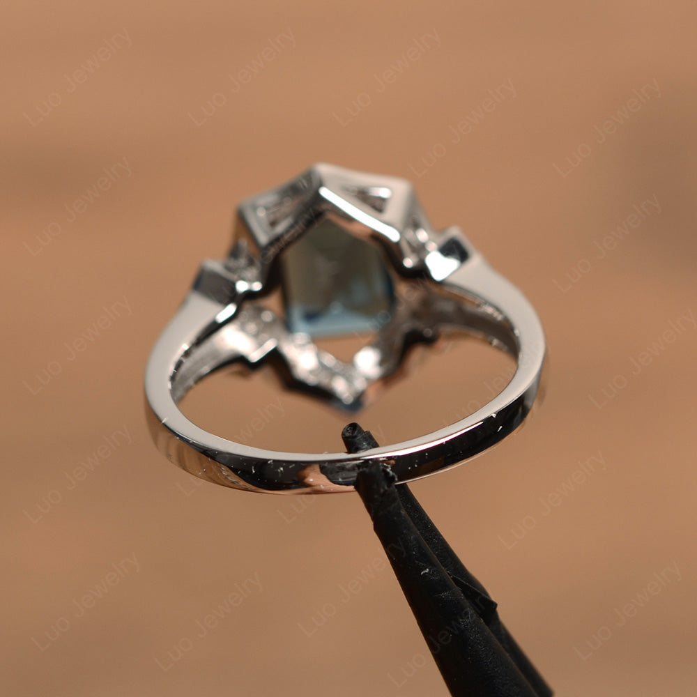 Emerald Cut London Blue Topaz Cocktail Ring White Gold - LUO Jewelry