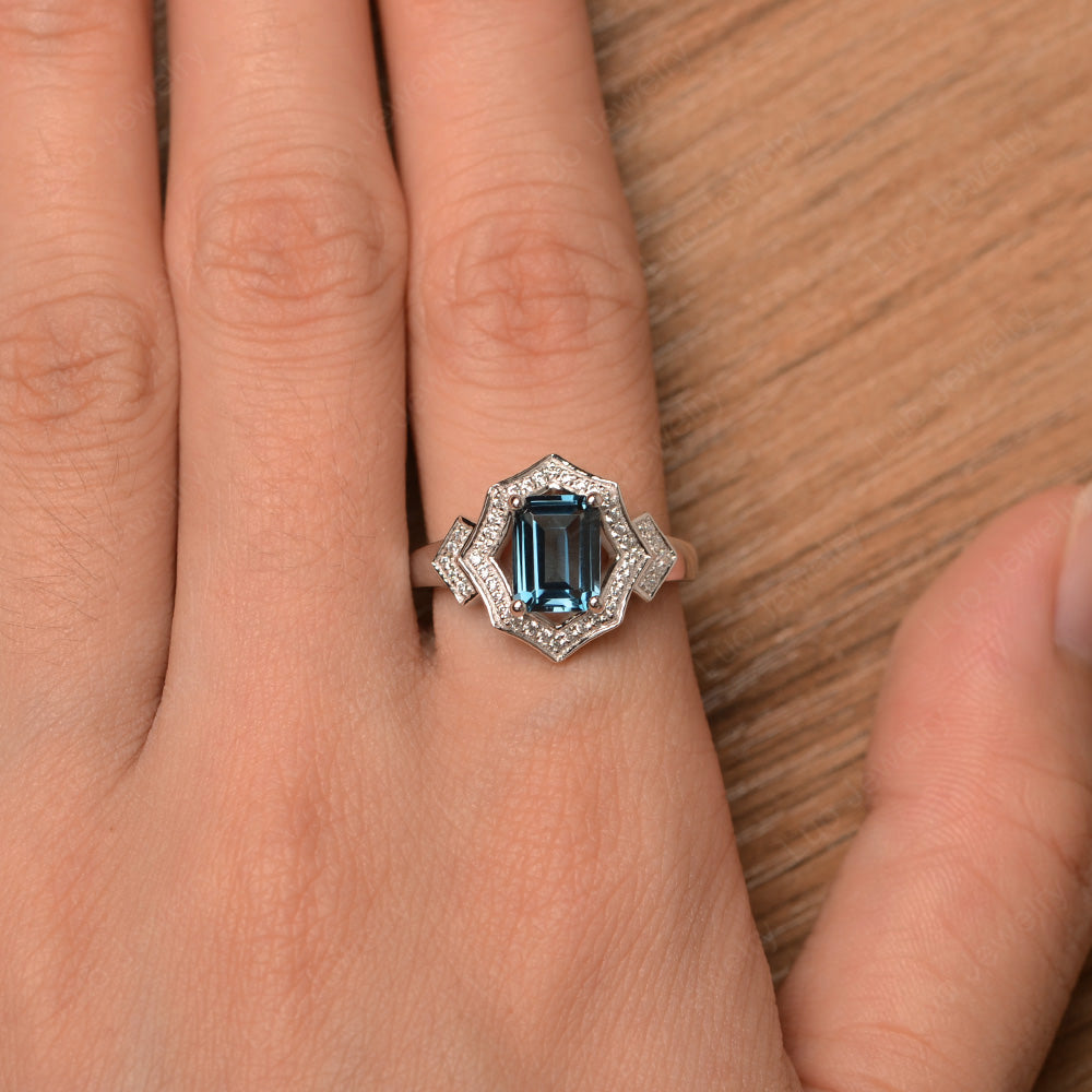 Emerald Cut London Blue Topaz Cocktail Ring White Gold - LUO Jewelry