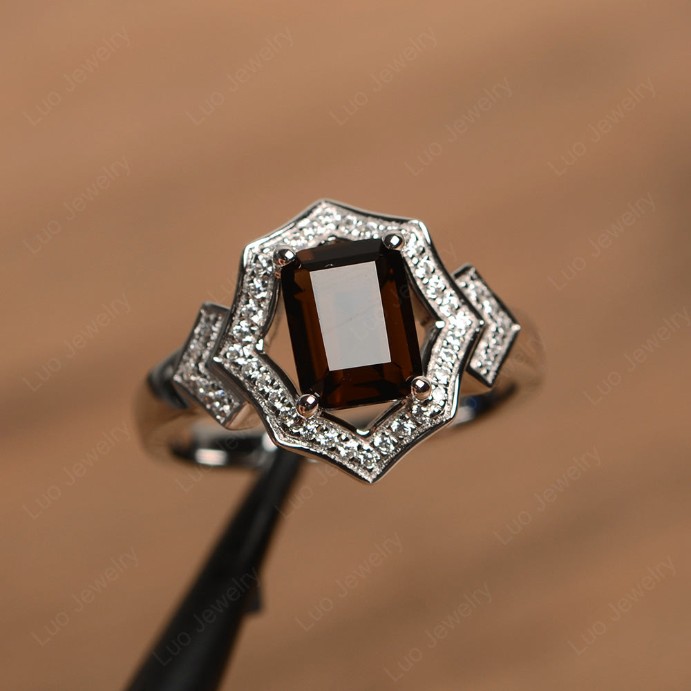 Emerald Cut Smoky Quartz Cocktail Ring White Gold - LUO Jewelry