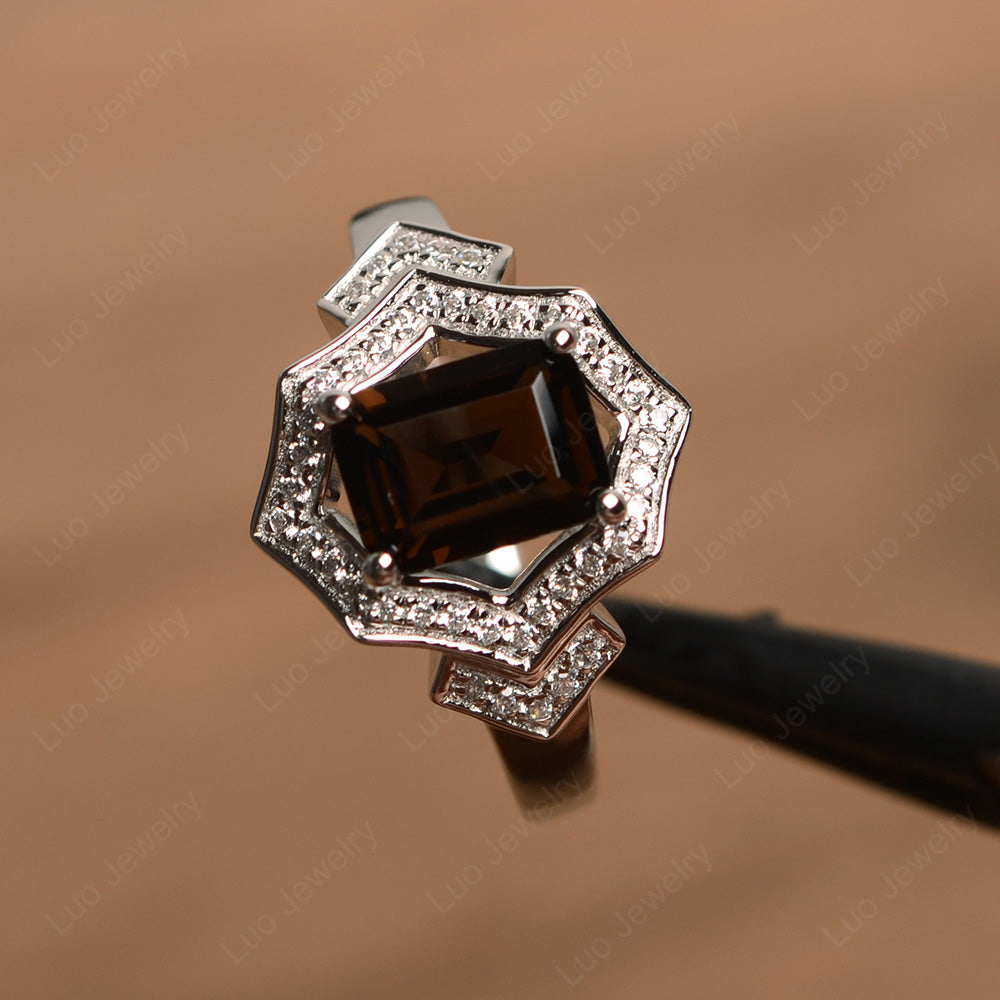 Emerald Cut Smoky Quartz Cocktail Ring White Gold - LUO Jewelry