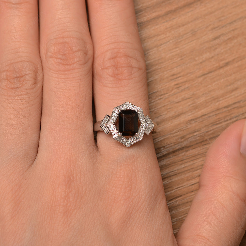 Emerald Cut Smoky Quartz Cocktail Ring White Gold - LUO Jewelry