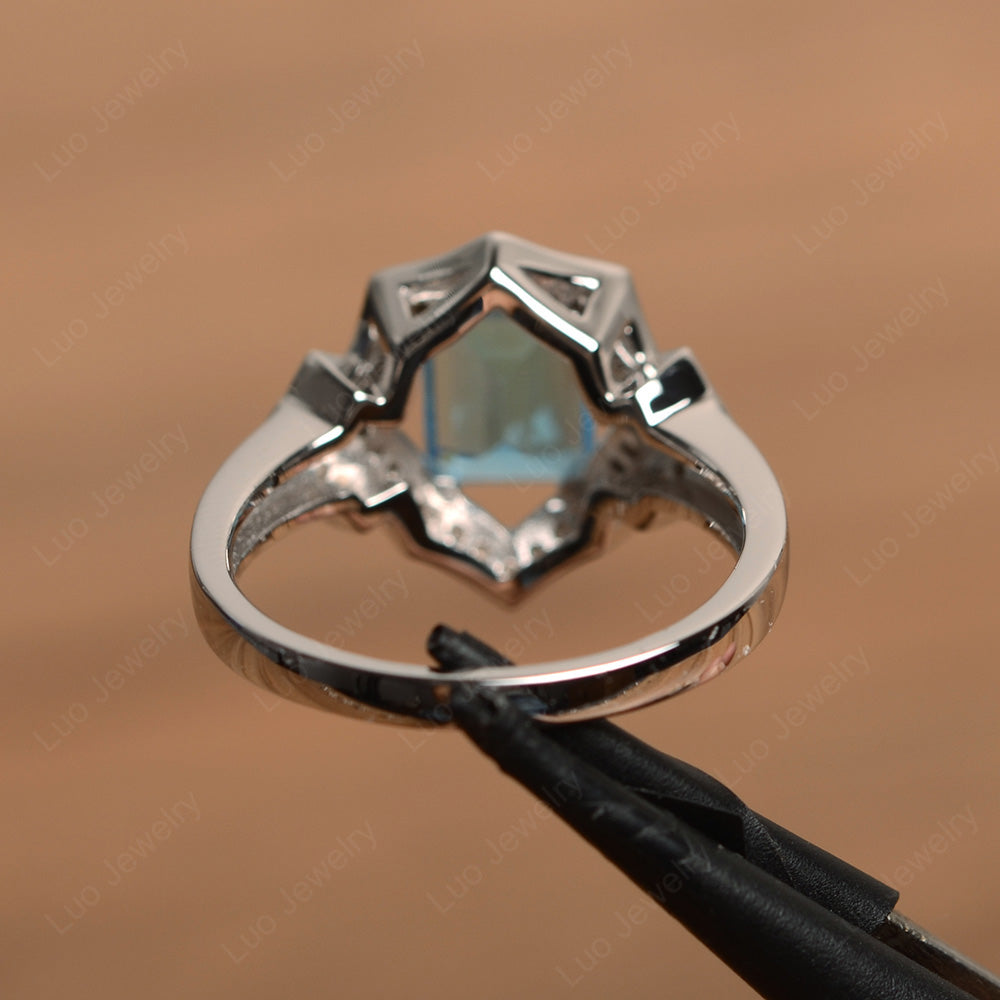 Emerald Cut Swiss Blue Topaz Cocktail Ring White Gold - LUO Jewelry