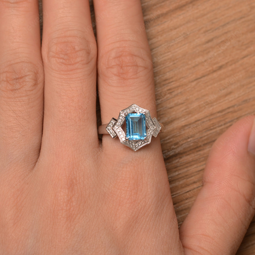 Emerald Cut Swiss Blue Topaz Cocktail Ring White Gold - LUO Jewelry