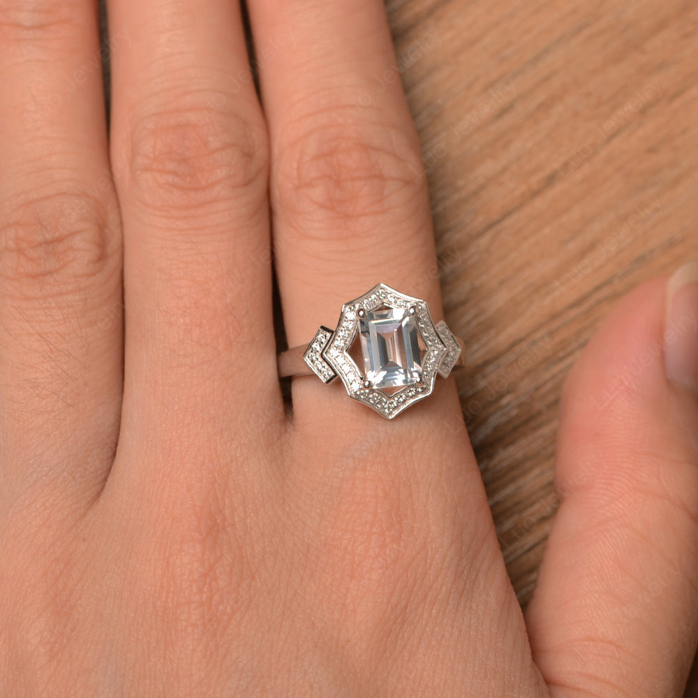 Emerald Cut White Topaz Cocktail Ring White Gold - LUO Jewelry