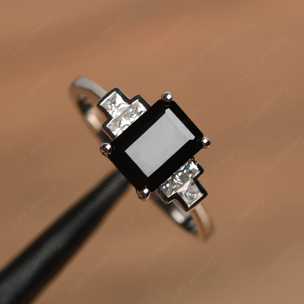 Emerald Cut Black Spinel Promise Ring White Gold - LUO Jewelry
