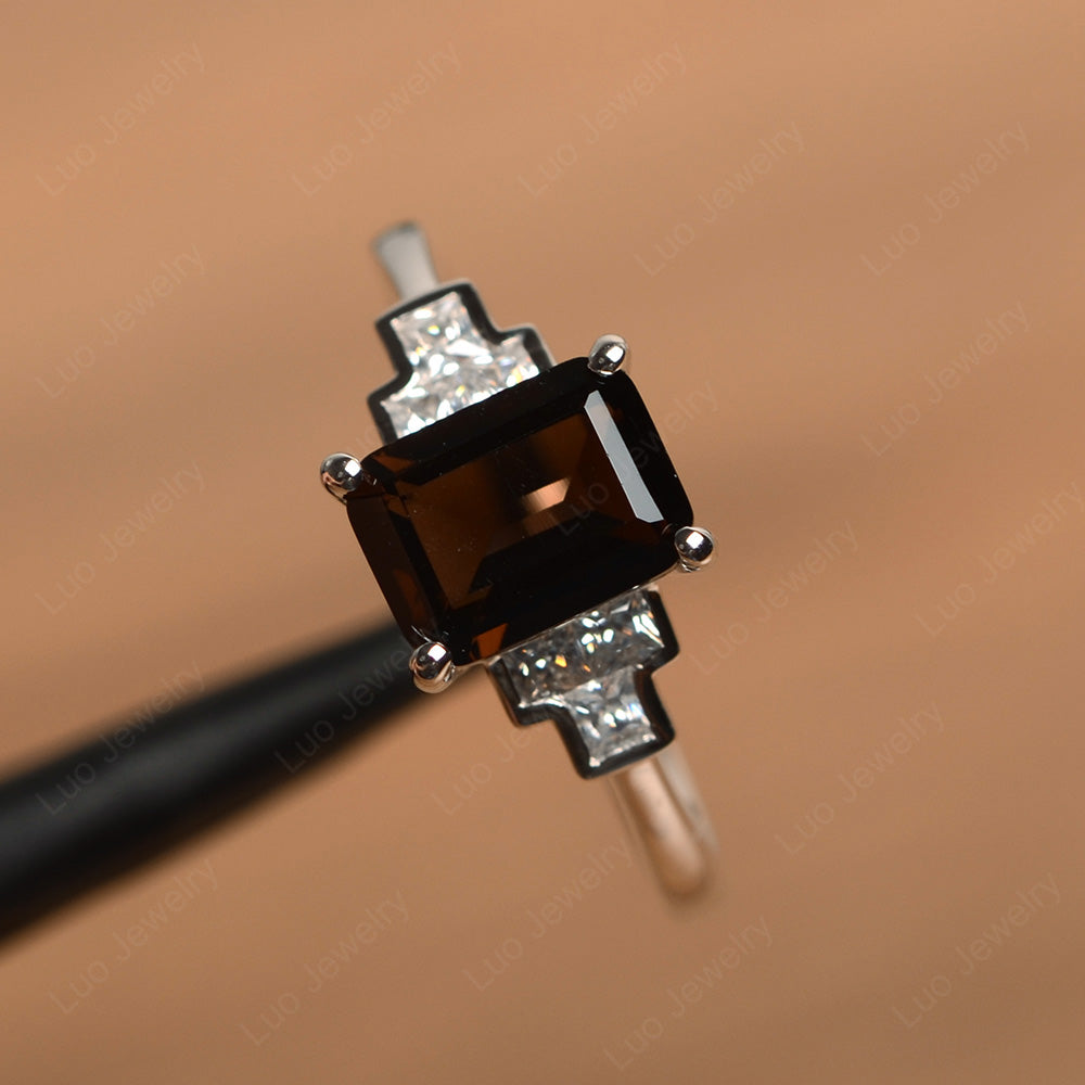 Emerald Cut Smoky Quartz Promise Ring White Gold - LUO Jewelry