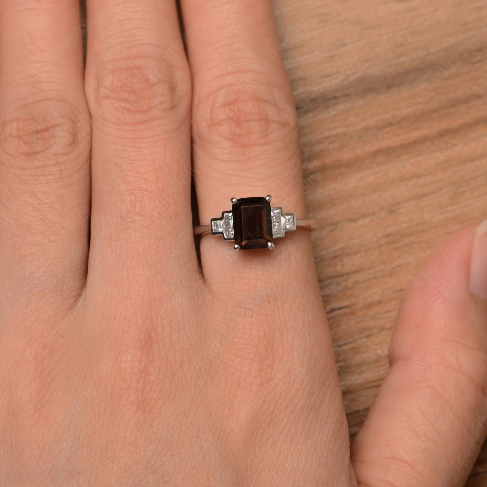 Emerald Cut Smoky Quartz Promise Ring White Gold - LUO Jewelry