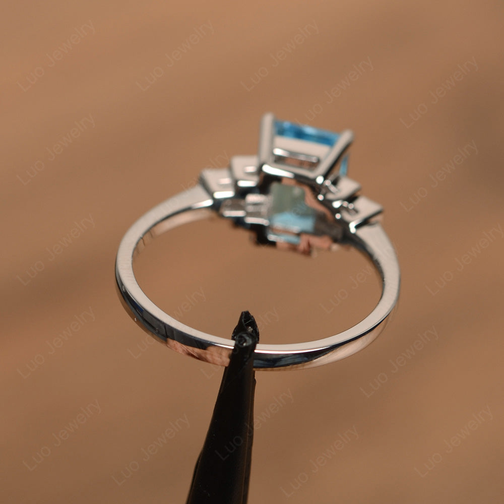 Emerald Cut Swiss Blue Topaz Promise Ring White Gold - LUO Jewelry