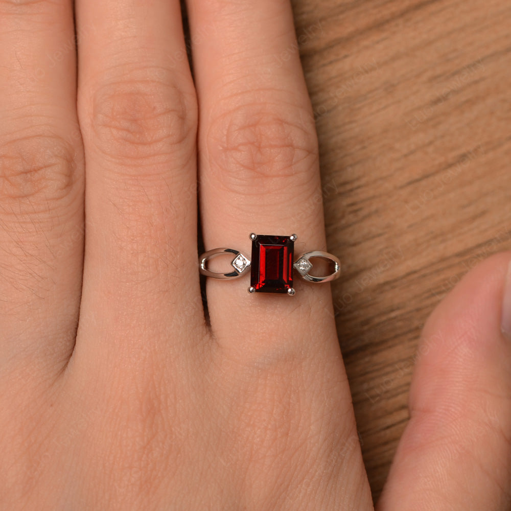 Emerald Cut Garnet Ring Split Shank - LUO Jewelry