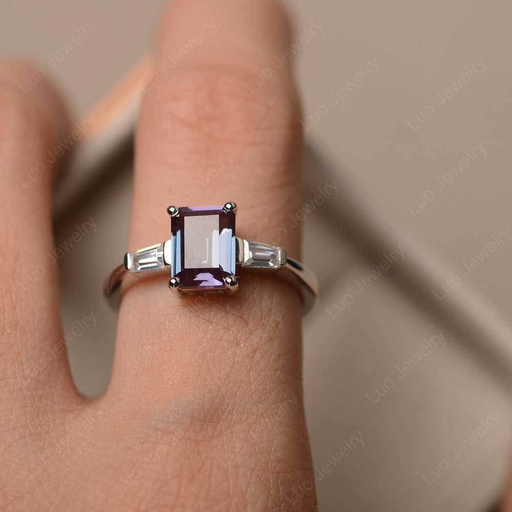 Emerald Cut Alexandrite Engagement Ring Silver - LUO Jewelry