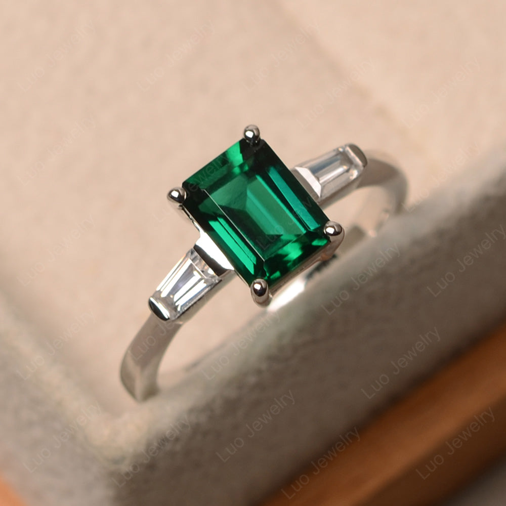 Emerald Cut Lab Emerald Engagement Ring Silver - LUO Jewelry