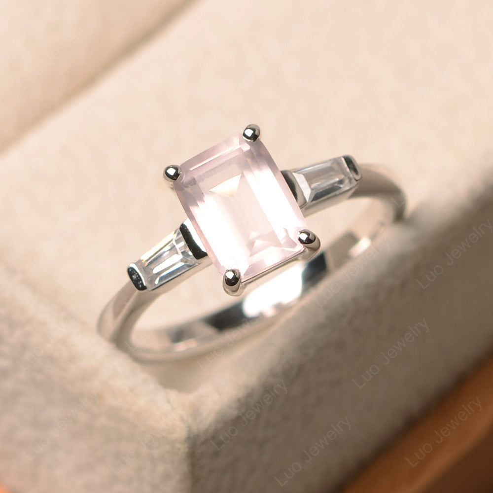 Emerald Cut Rose Quartz Engagement Ring Silver - LUO Jewelry