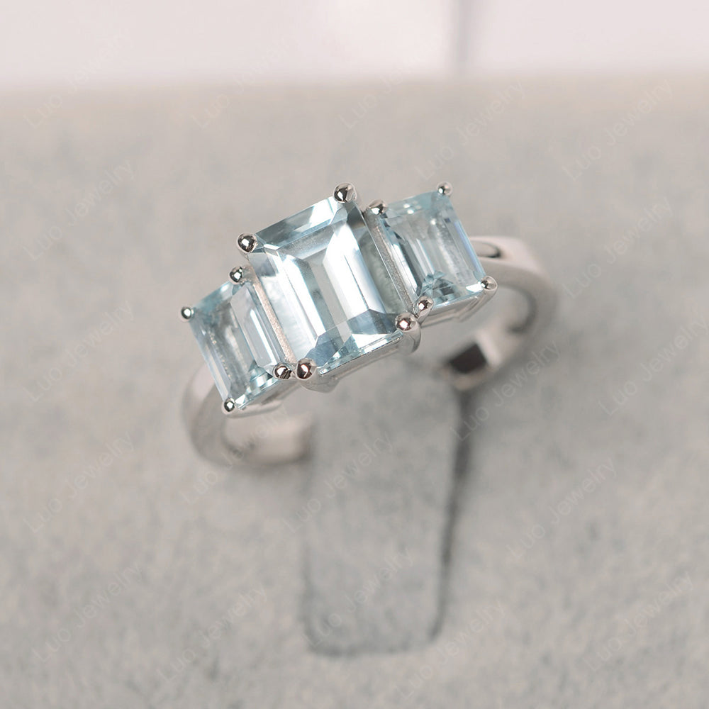 Aquamarine Three Stone Emerald Cut Ring LUO1