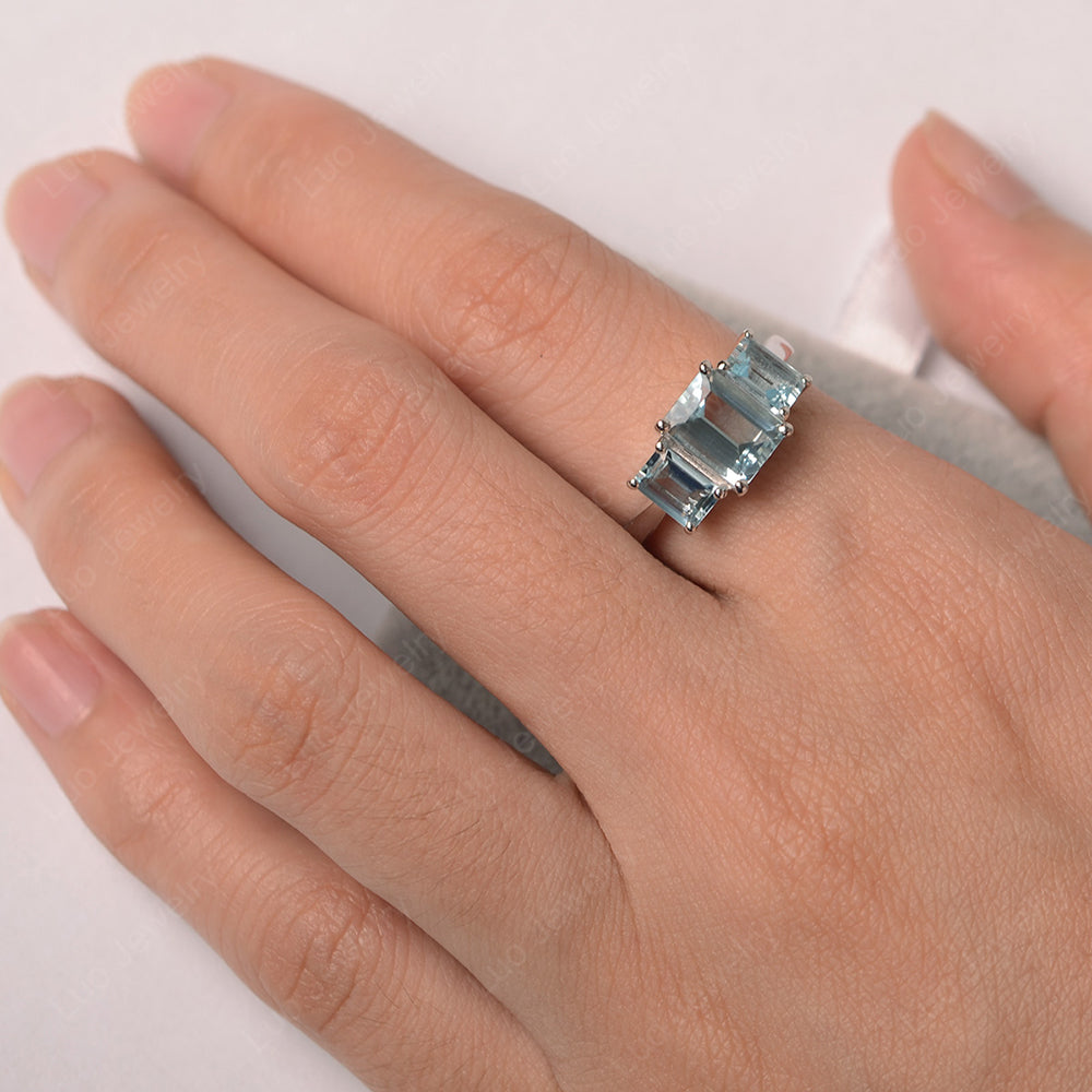 Emerald Cut 3 Stone Aquamarine Ring - LUO Jewelry