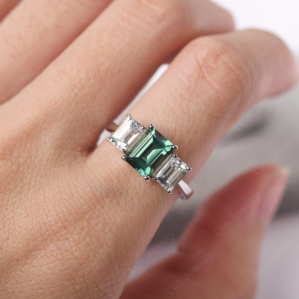 Emerald Cut Green Sapphire 3 Stone Mothers Ring - LUO Jewelry