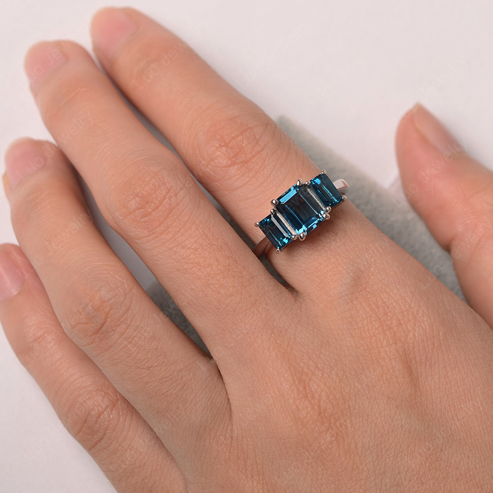 Emerald Cut London Blue Topaz 3 Stone Mothers Ring - LUO Jewelry