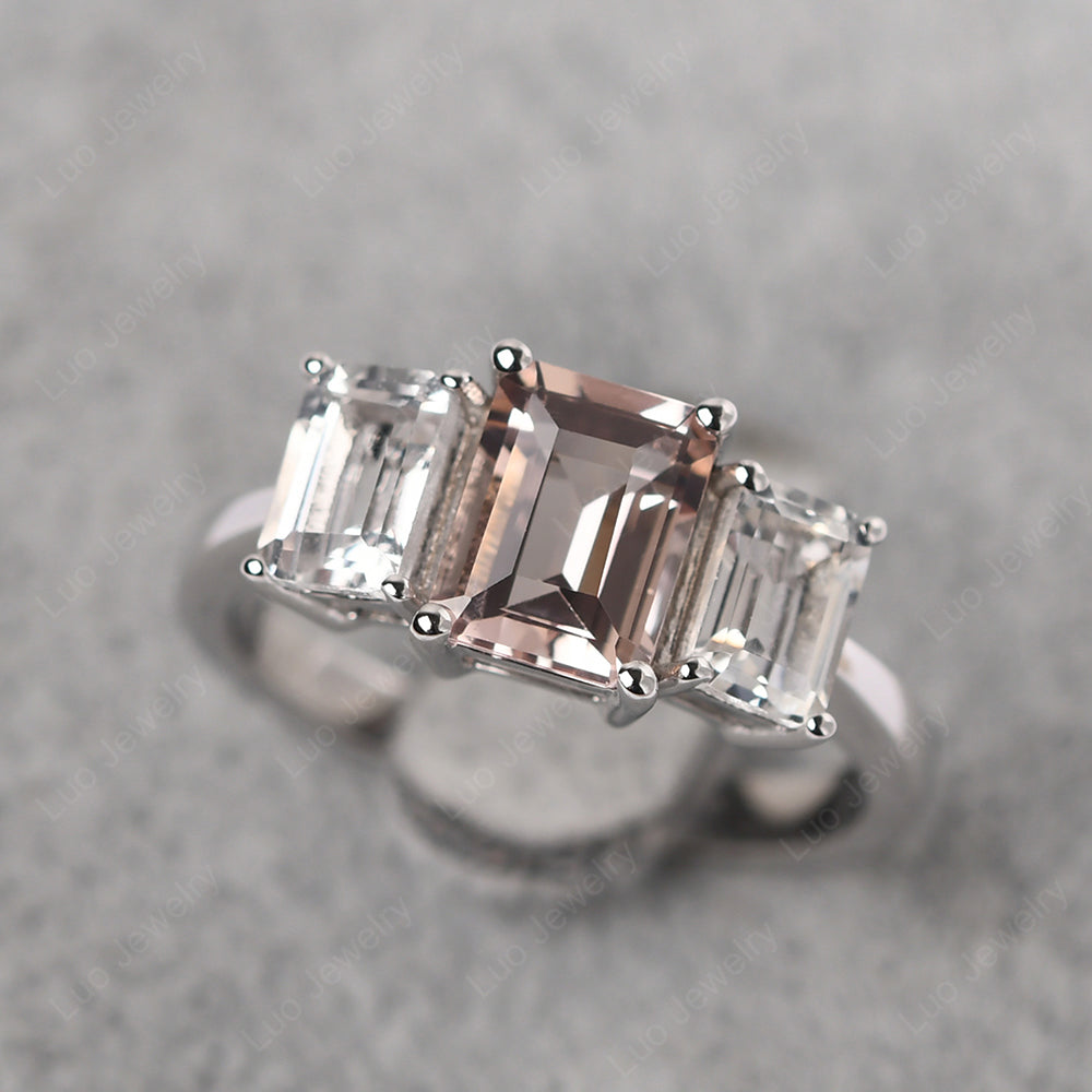 Emerald Cut Morganite 3 Stone Mothers Ring - LUO Jewelry