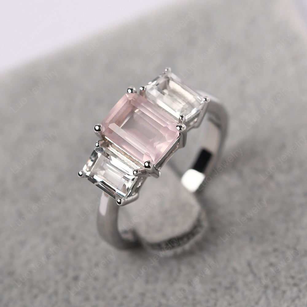 Emerald Cut Rose Quartz 3 Stone Mothers Ring - LUO Jewelry