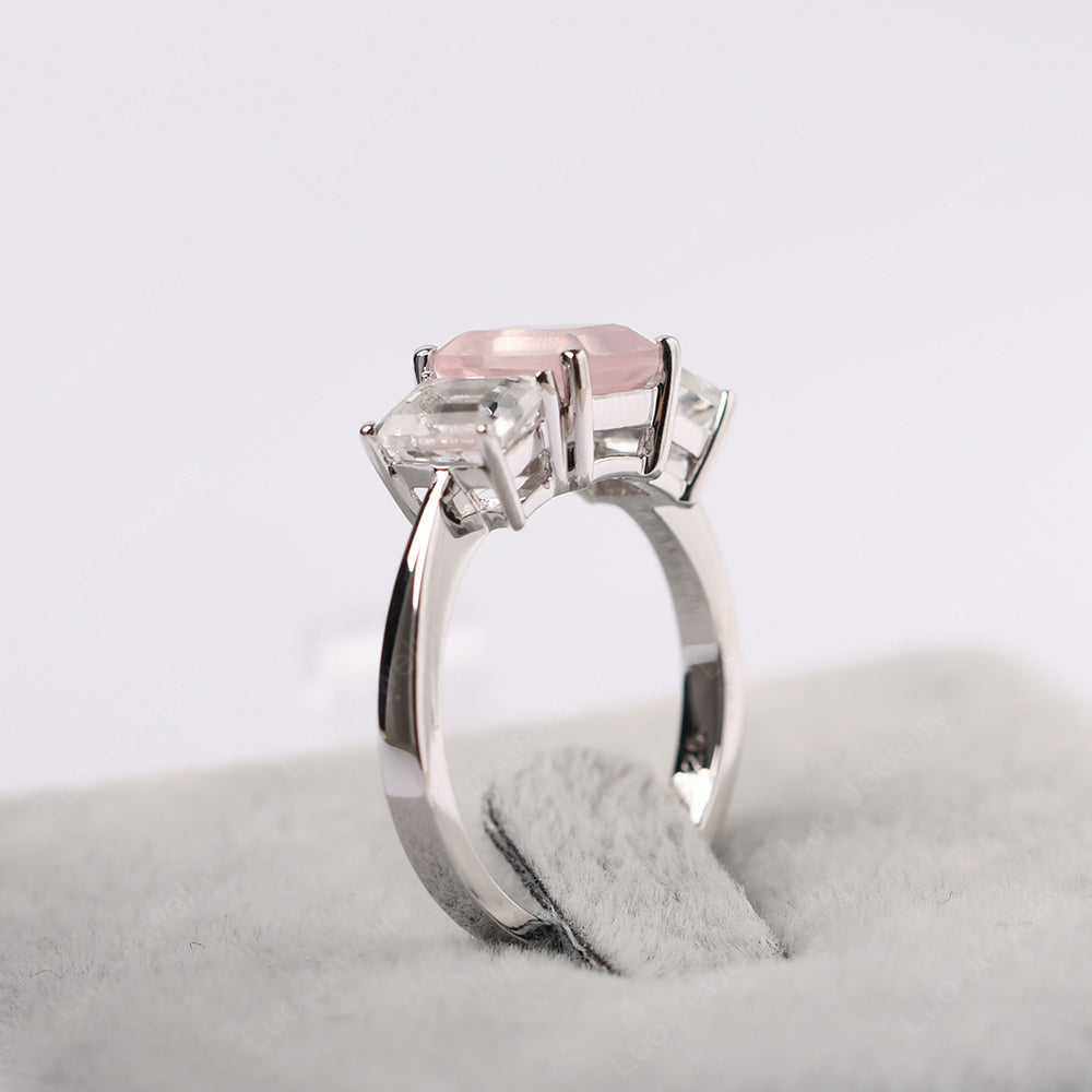Emerald Cut Rose Quartz 3 Stone Mothers Ring - LUO Jewelry