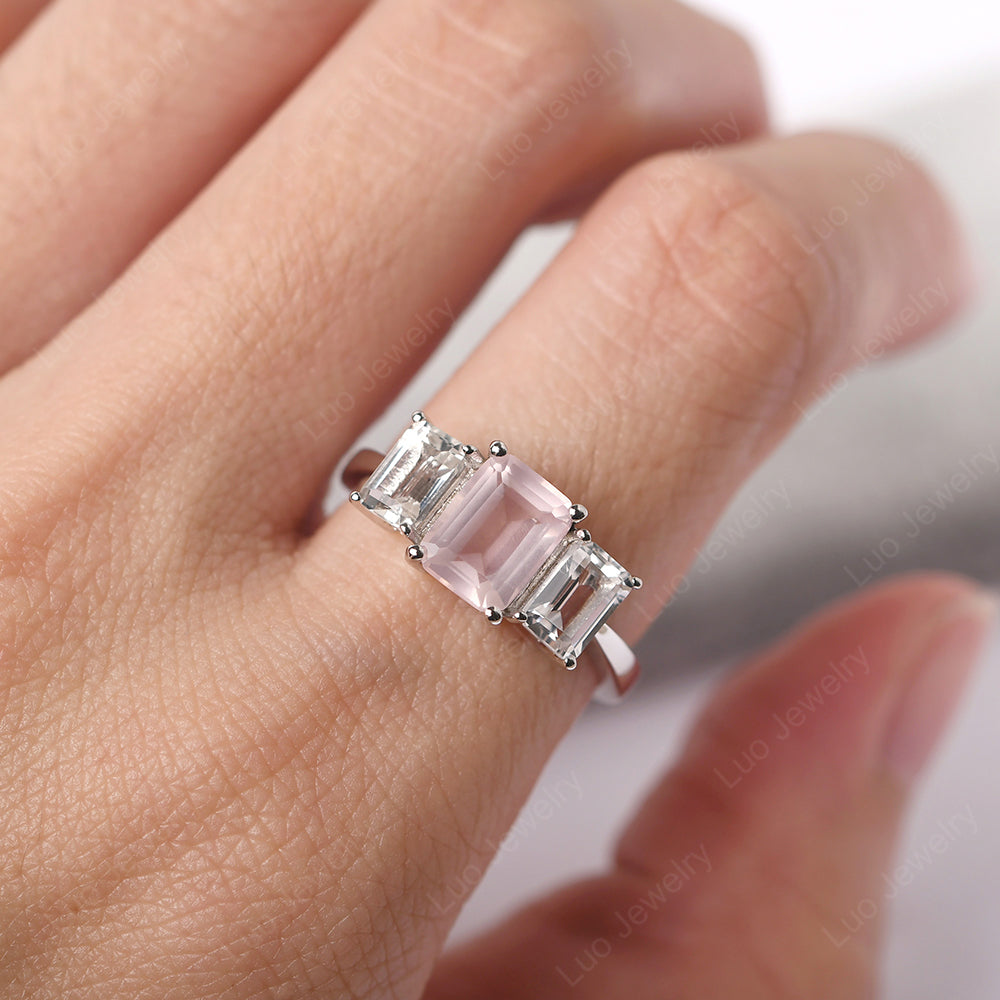 Emerald Cut Rose Quartz 3 Stone Mothers Ring - LUO Jewelry