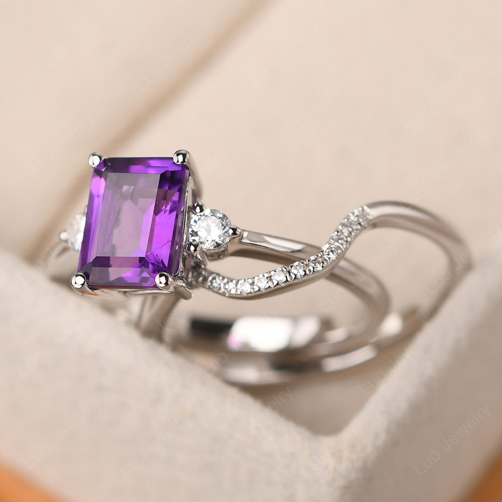 Amethyst Engagement Ring With Curved Wedding Band - LUO Jewelry