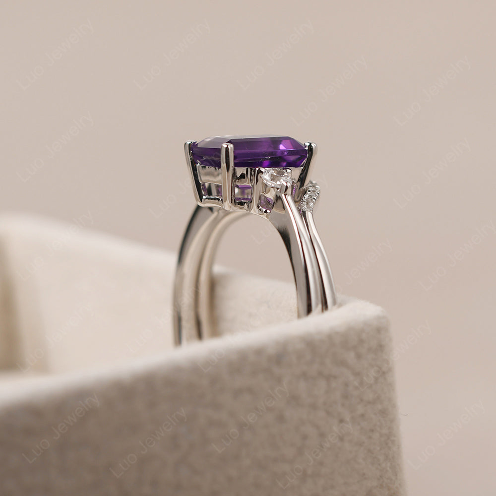 Amethyst Engagement Ring With Curved Wedding Band - LUO Jewelry