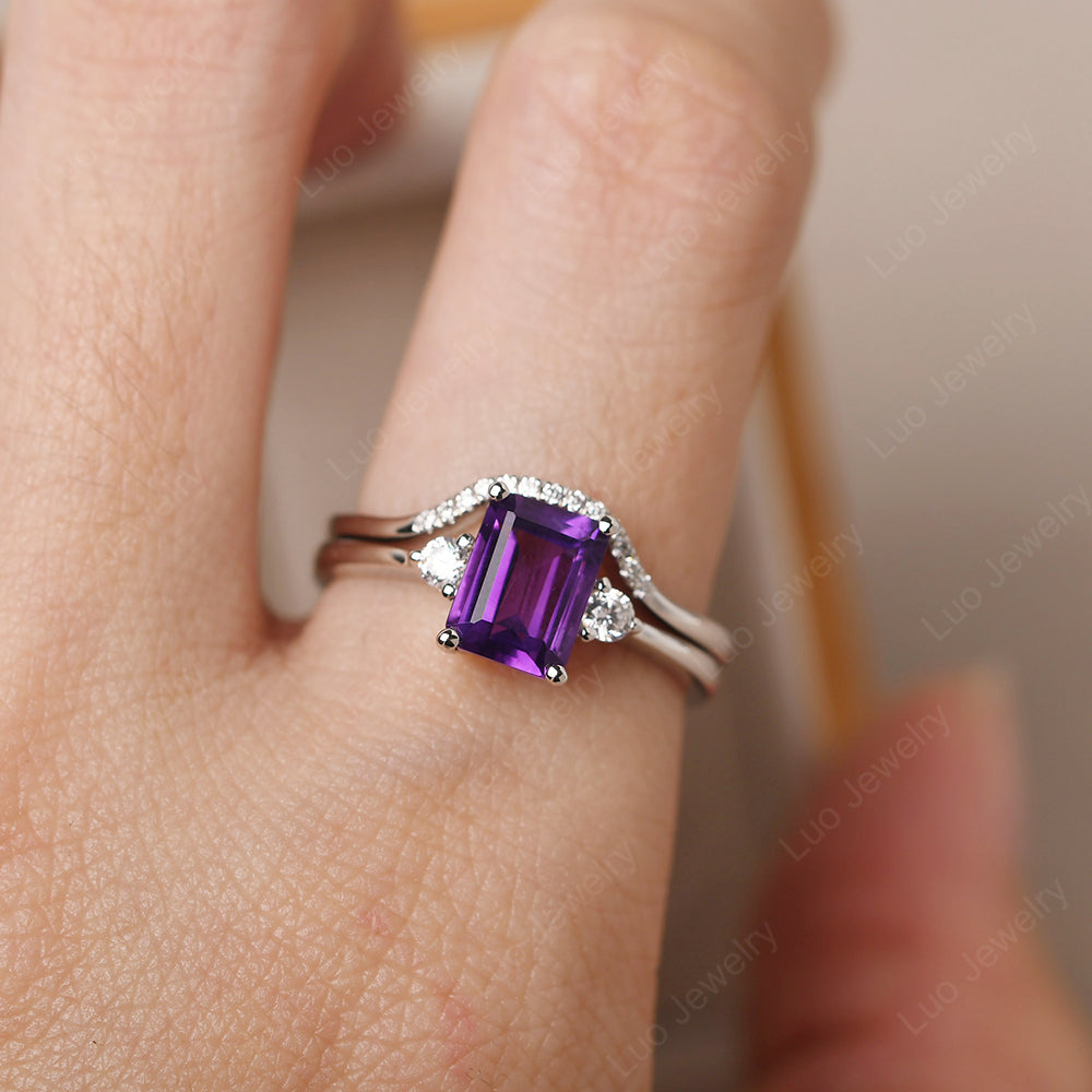 Amethyst Engagement Ring With Curved Wedding Band - LUO Jewelry