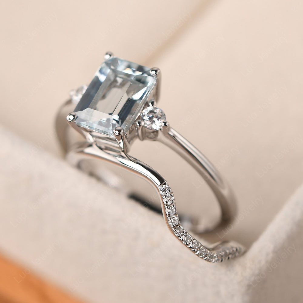 Aquamarine Engagement Ring With Curved Wedding Band - LUO Jewelry