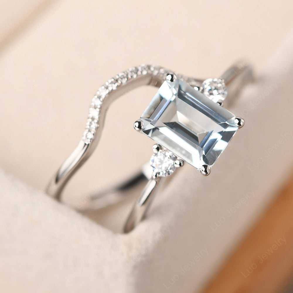 Aquamarine Engagement Ring With Curved Wedding Band - LUO Jewelry