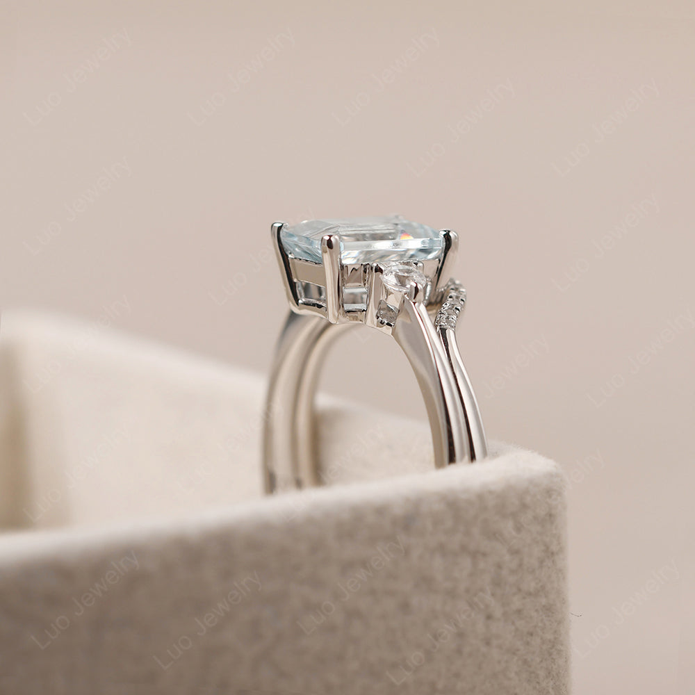 Aquamarine Engagement Ring With Curved Wedding Band - LUO Jewelry