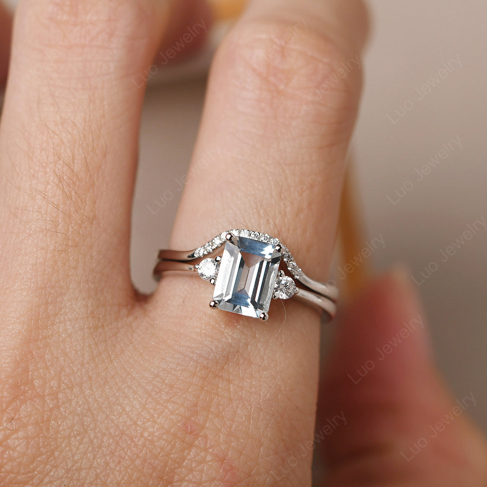 Aquamarine Engagement Ring With Curved Wedding Band - LUO Jewelry