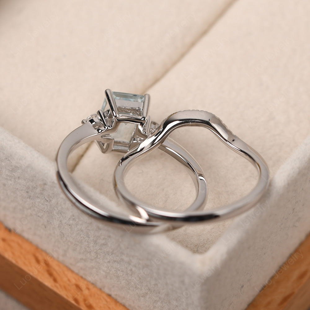 Aquamarine Engagement Ring With Curved Wedding Band - LUO Jewelry