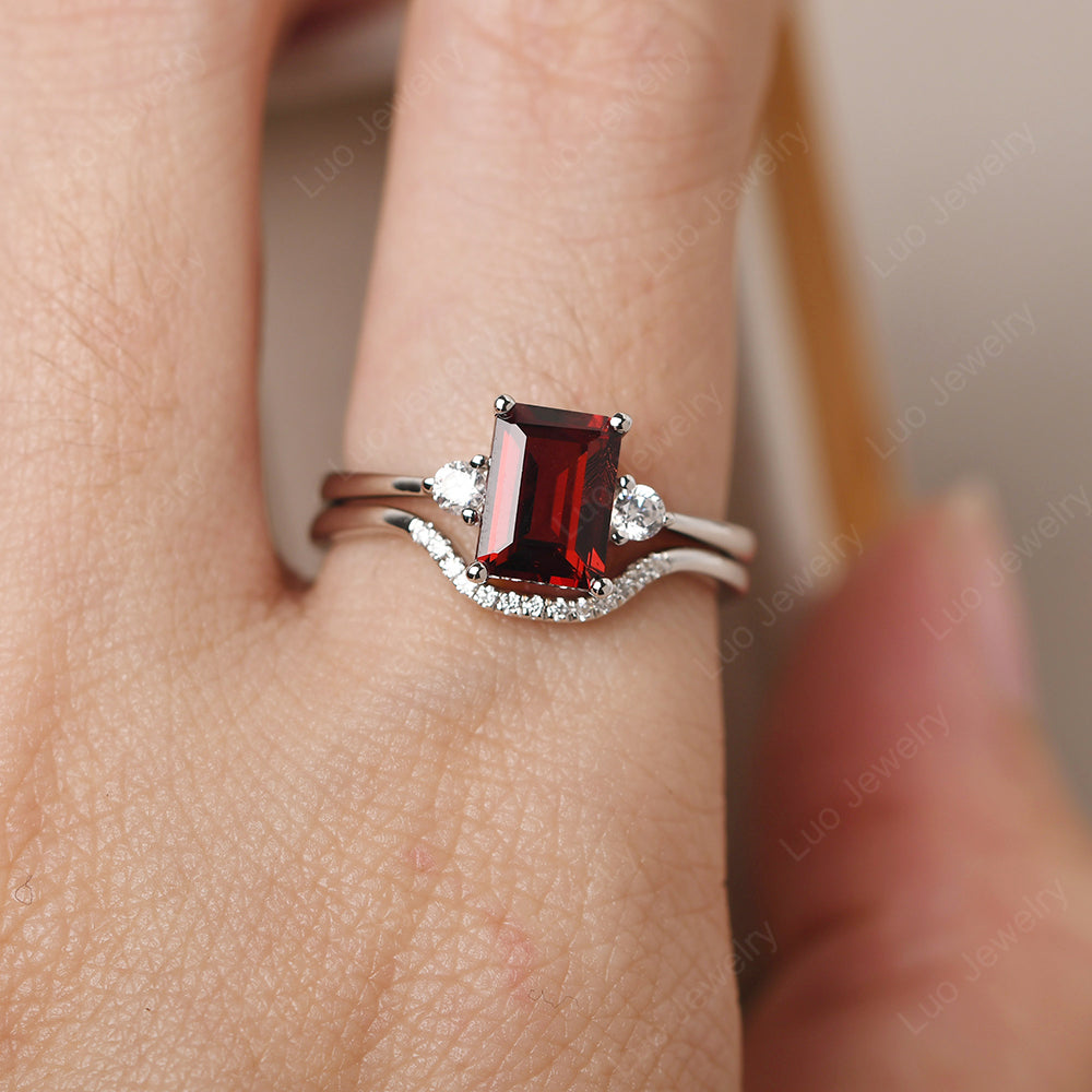 Garnet Engagement Ring With Curved Wedding Band - LUO Jewelry