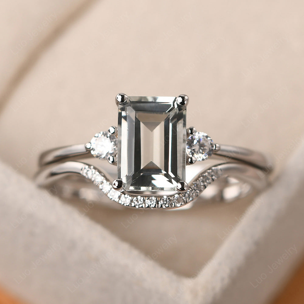 Green Amethyst Engagement Ring With Curved Wedding Band - LUO Jewelry