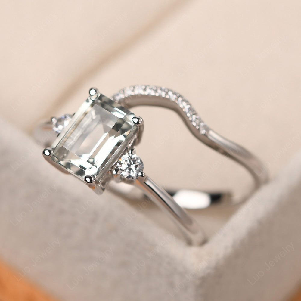 Green Amethyst Engagement Ring With Curved Wedding Band - LUO Jewelry