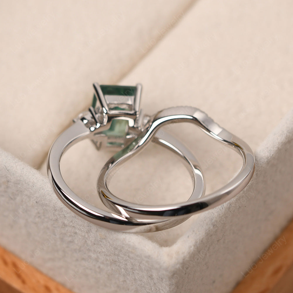 Green Sapphire Engagement Ring With Curved Wedding Band - LUO Jewelry