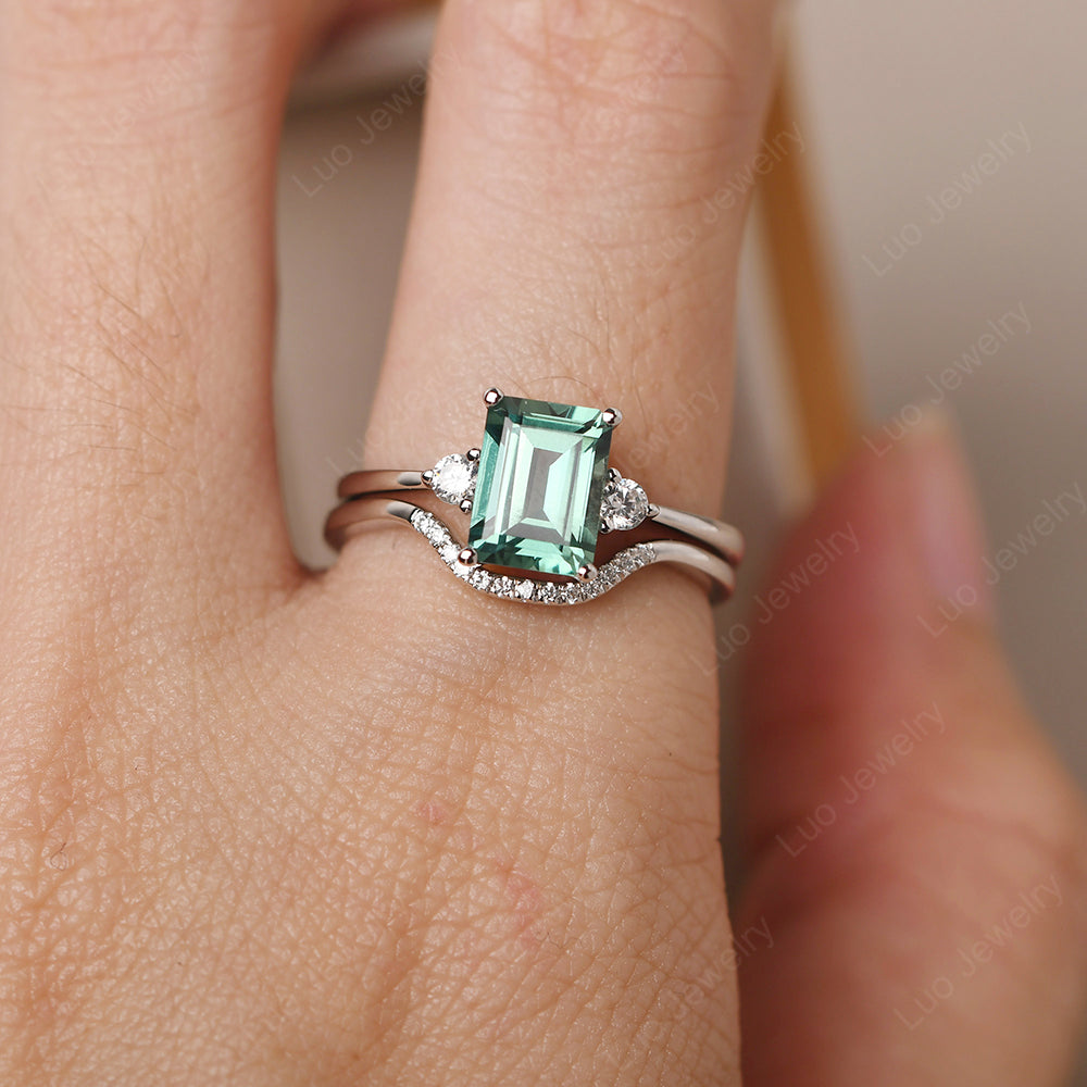 Green Sapphire Engagement Ring With Curved Wedding Band - LUO Jewelry