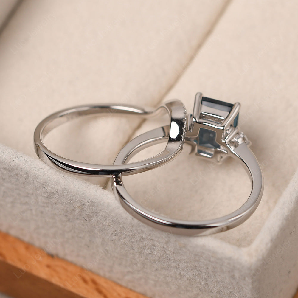 London Blue Topaz Engagement Ring With Curved Wedding Band - LUO Jewelry