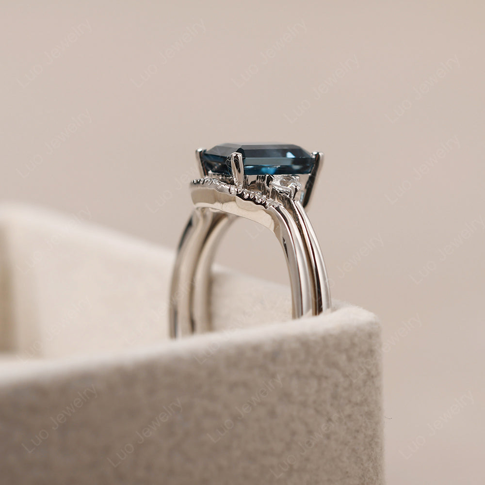 London Blue Topaz Engagement Ring With Curved Wedding Band - LUO Jewelry