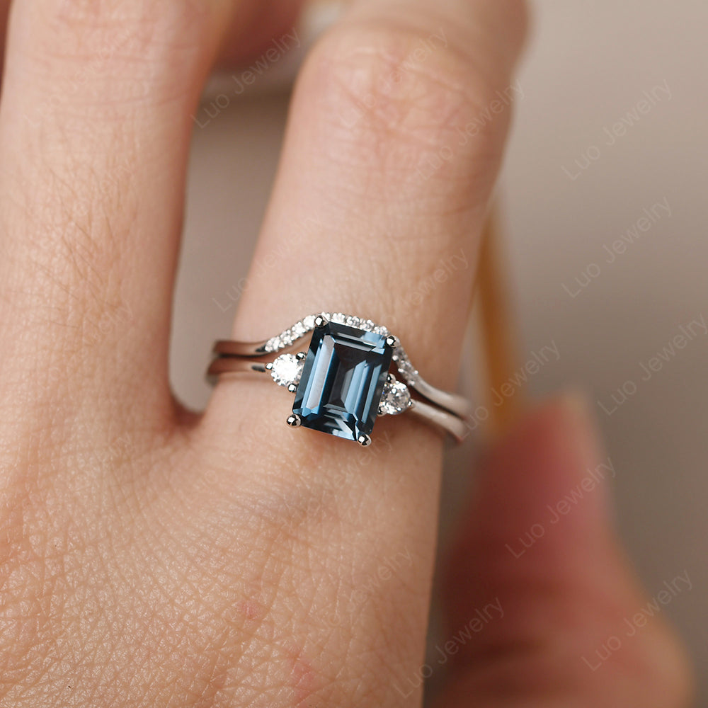 London Blue Topaz Engagement Ring With Curved Wedding Band - LUO Jewelry