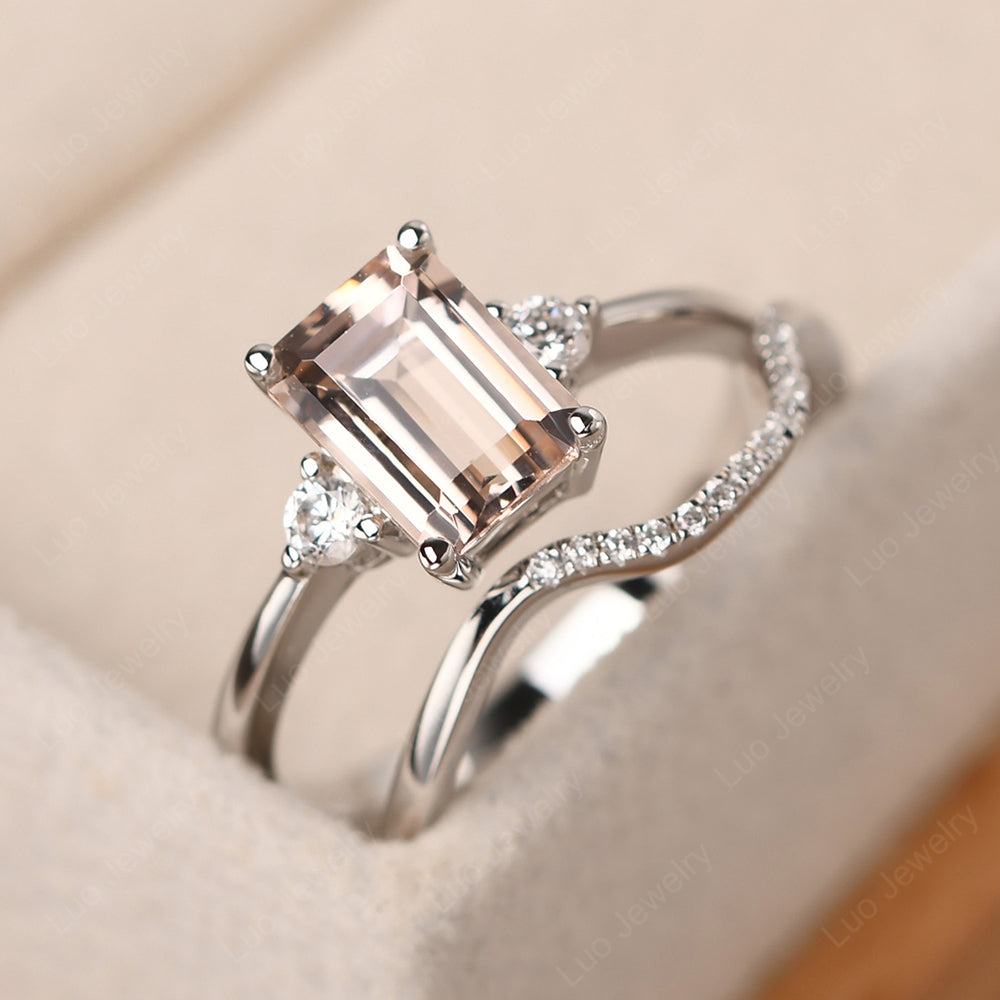 Morganite Engagement Ring With Curved Wedding Band - LUO Jewelry