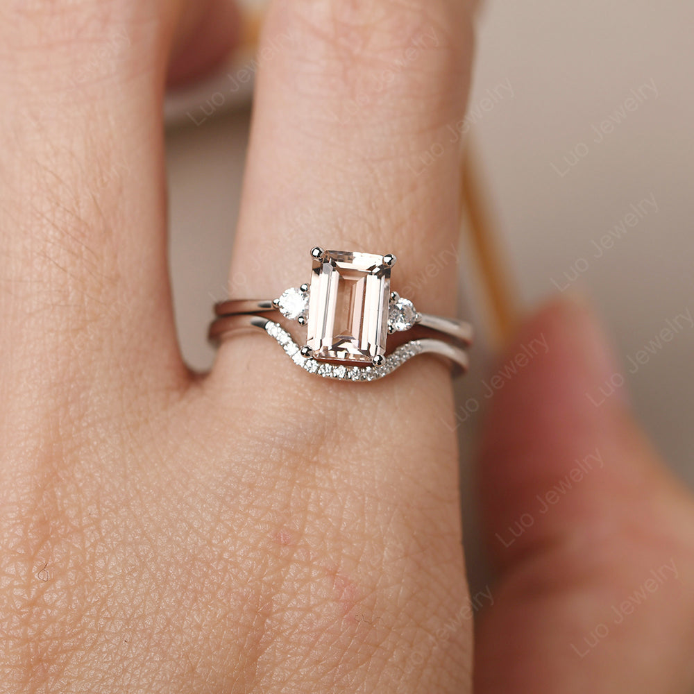 Morganite Engagement Ring With Curved Wedding Band - LUO Jewelry