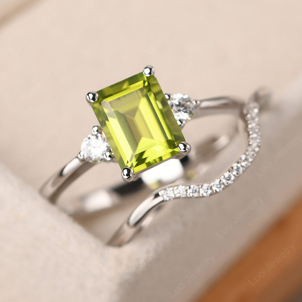 Peridot Engagement Ring With Curved Wedding Band - LUO Jewelry