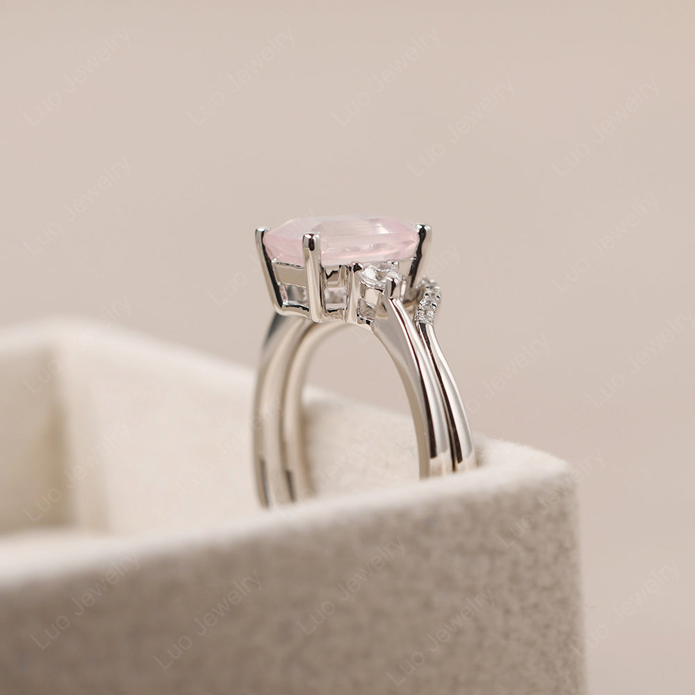 Rose Quartz Engagement Ring With Curved Wedding Band - LUO Jewelry