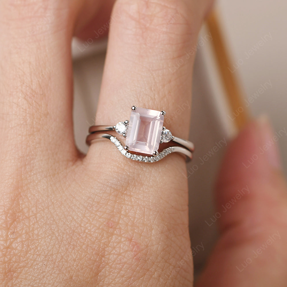Rose Quartz Engagement Ring With Curved Wedding Band - LUO Jewelry