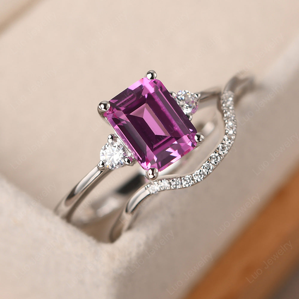Pink Sapphire Engagement Ring With Curved Wedding Band - LUO Jewelry
