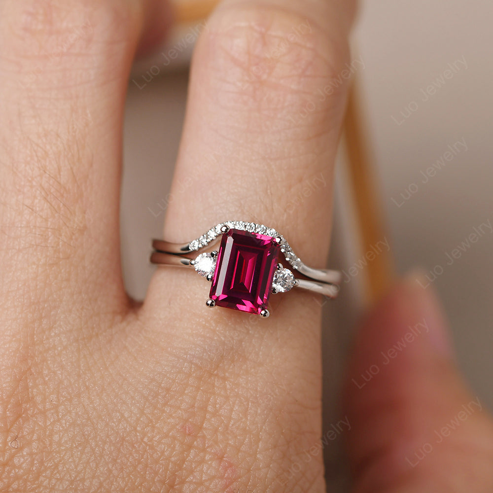Ruby Engagement Ring With Curved Wedding Band - LUO Jewelry