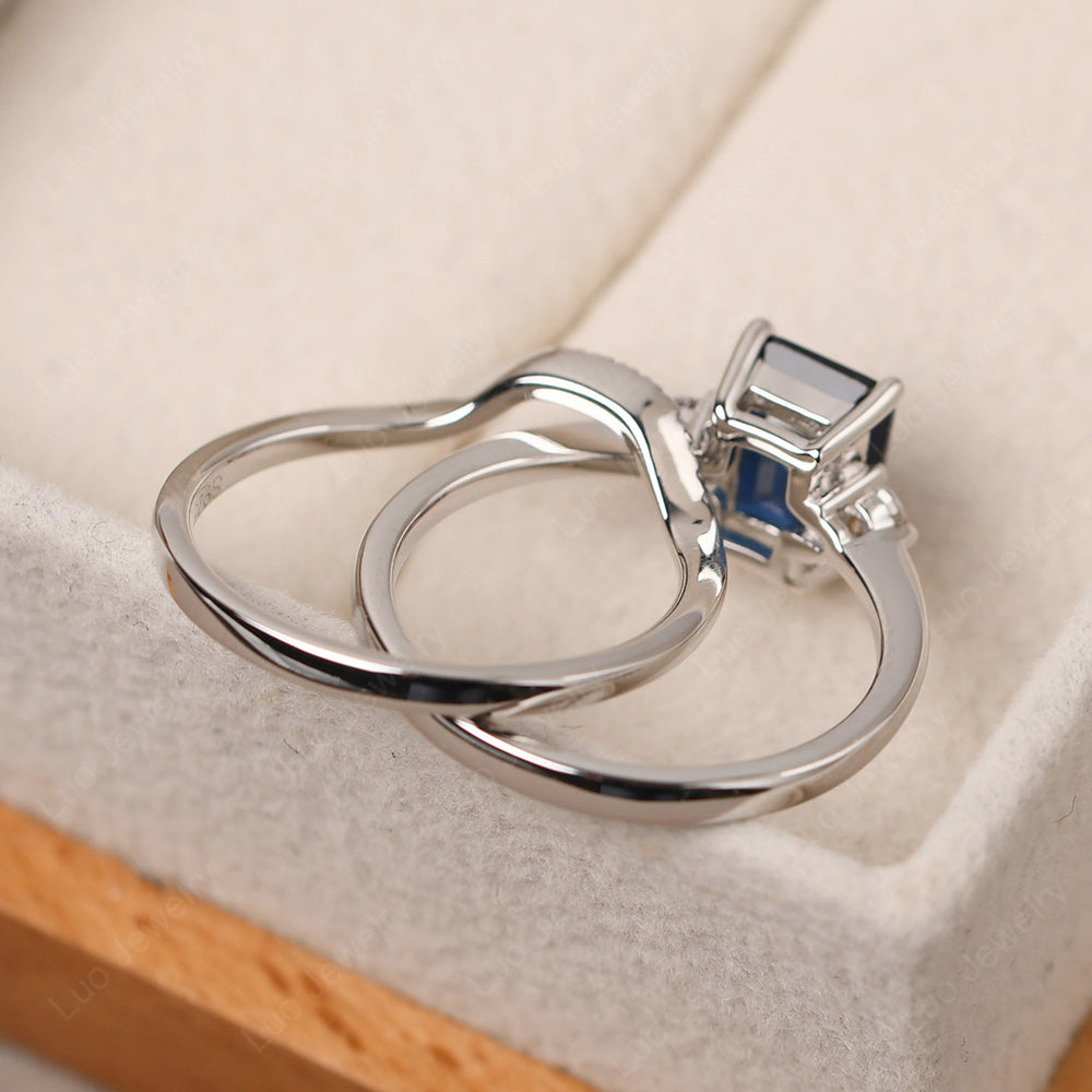 Lab Sapphire Engagement Ring With Curved Wedding Band - LUO Jewelry
