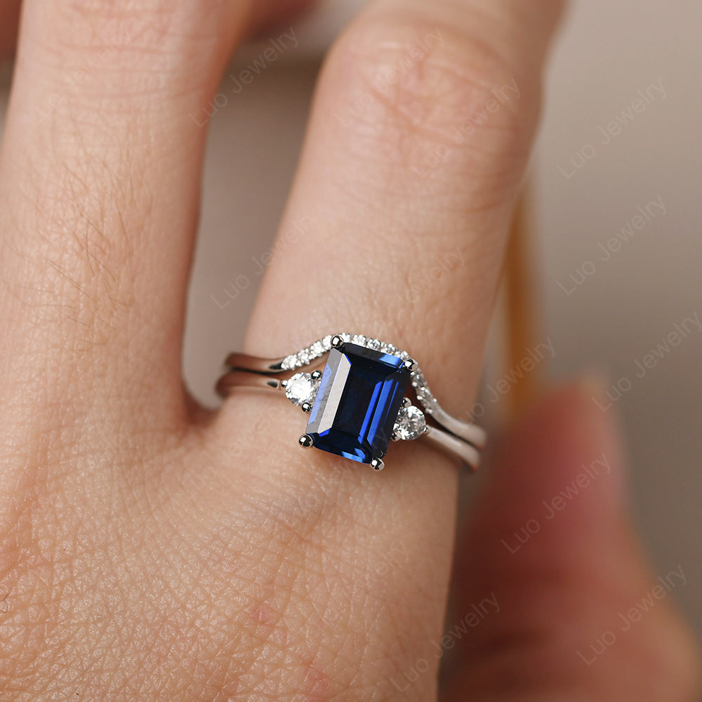 Lab Sapphire Engagement Ring With Curved Wedding Band - LUO Jewelry